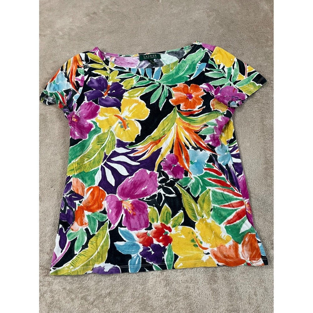 Vintage Lauren Ralph Lauren Knit Top Women's Medium Multi-color Cotton S/S EUC